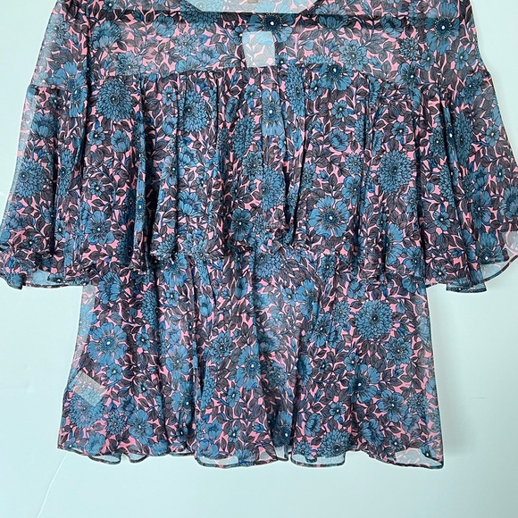 Rebecca Taylor Silk Floral Shibori Sheer Flutter Sleeves Top - Picture 3 of 9